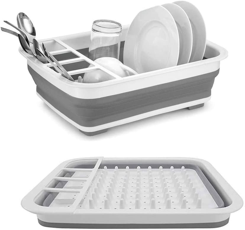 Collapsible Dish Drying Rack with Cutlery Organizer | Portable Space-Saving Dinnerware Drainer Board for Kitchen Countertop, RV, Camping & Small Spaces | Durable & Flexible